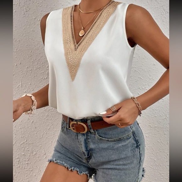Boho Guipure Lace Panel Sleeveless Top Blouse Shirt White - Picture 6 of 6